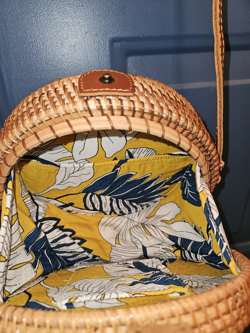 Round Woven Crossbody Boho Bag in Natural Tan.
